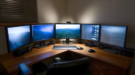 Naklejka premium A sophisticated corner office desk setup features five computer monitors displaying diverse content alongside a keyboard and mice for advanced
