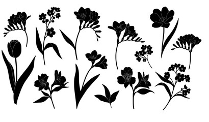 Minimalist black floral silhouettes of spring flowers isolated vector illustration set