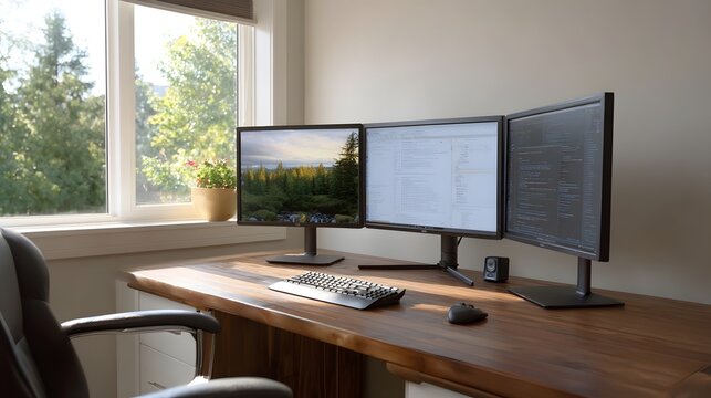 A modern home office setup features a triple monitor workstation on a wooden desk next to a sunlit window with a view of nature