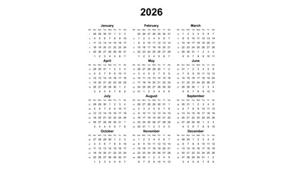 2026 year english vector calendar with week numbers
