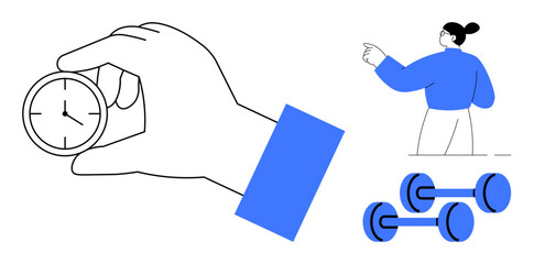 Time management, fitness routines, health goals, personal productivity, active lifestyle, decision-making. Hand holding a small clock, dumbbells person gesturing. Time management and fitness