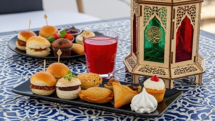 Delicious Middle Eastern food spread with colorful lantern and drink