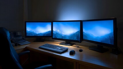 Fototapeta premium A dimly lit office features a triple monitor computer setup displaying a serene blue mountain landscape creating a focused workspace