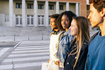 Group of diverse college students walking together in front of a university building, representing...