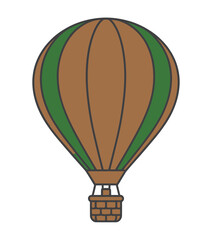 Obraz premium A cartoon hot air balloon floats gently in the sky with a brown and green striped envelope and a brick-patterned basket.