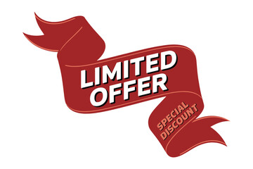 A red ribbon banner with a limited offer and special discount for a promotional sale