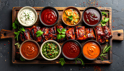 A delectable barbecue platter featuring tender ribs surrounded by an array of flavorful dipping sauces, artfully arranged on a wooden board, perfect for a summer cookout