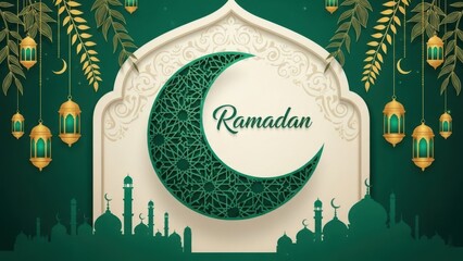 Ramadan celebration with crescent moon and lanterns in green