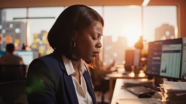 A woman sits at her desk with her hands on her face, showing signs of stress. The office environment is busy with multiple screens displaying financial data and charts.