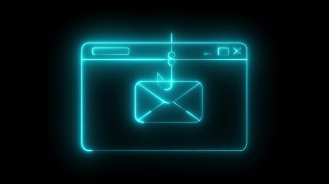 Neon Email Phishing Scam Icon Isolated on Black Background. Fishing hook stealing envelope from browser window. Concept of email phishing and email scams representing online fraud and cyber threats.
