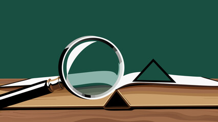 Flat illustration of a magnifying glass on an open book with a triangle on a desk against a green background for education or business concepts