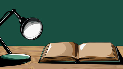 Flat illustration of a study workspace with open book and desk lamp on wooden table against green background for education and learning concepts