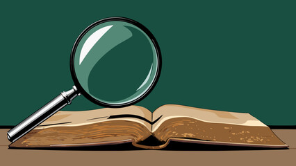 A magnifying glass lies on an open antique book with yellowed pages against a dark green background suggesting research or investigation with education