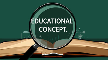 Flat vector illustration of a magnifying glass focusing on an open book with educational concept on a green background with graphs and charts