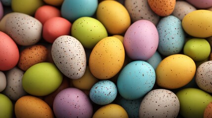 Colorful easter eggs arranged on a festive spring background with bright pastel decorations and cheerful seasonal theme
