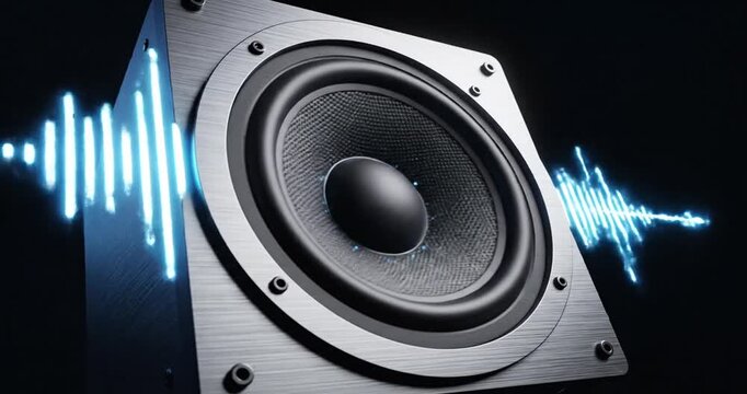 Close-up of a loudspeaker with sound waves.