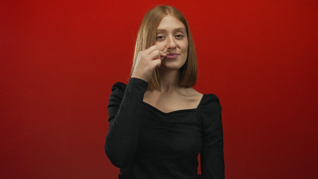 Young blonde woman finger to lips for silence in front of an isolated red studio wall; secrecy hush privacy quiet.