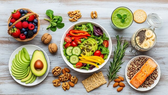 Diverse healthy foods beautifully arrayed on weathered wooden background