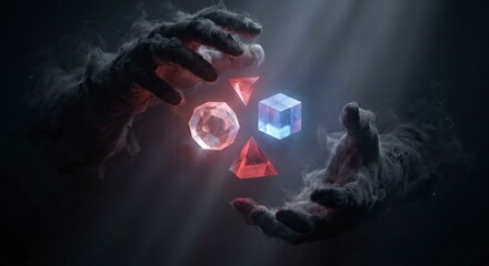 Smoky Shadow Hands Manipulation, Glowing Geometric Crystals Pyramid, Global Geopolitical Control Power, Strategic International Relations Influence, Dark Secret Authority, Hidden Agency Force 