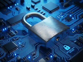 Metal padlock on blue digital circuit board security concept （青いデジタル回路基板上の金属製南京錠、セキュリティコンセプト）