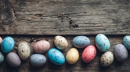 Colorful easter eggs arranged on rustic wooden surface with vintage textures and warm spring tones for festive holiday decoration
