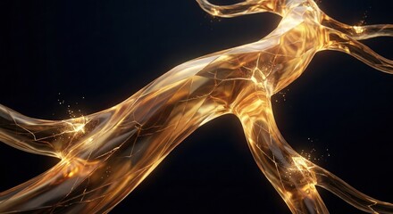 Futuristic Glowing Amber Energy Flow, Neural Network Connection, Liquid Golden Plasma Stream, Metallic Chrome Conduit, Scientific Biotechnology Research, Abstract Digital Power Transmission Background