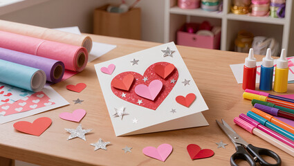 Love valentine heart card craft handmade red pink paper cute design decoration with glitter star art on wooden table