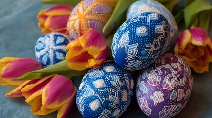 Colorful easter eggs arranged with vibrant tulips on a bright spring background for festive holiday decoration