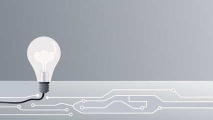 Flat vector illustration of a glowing light bulb connected to a circuit board on a gray background representing innovation and technology with idea