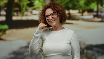 Middle age hispanic woman making phone gesture standing in an outdoor park with greenery, smiling and looking at the camera, suggesting a happy conversation under natural light.