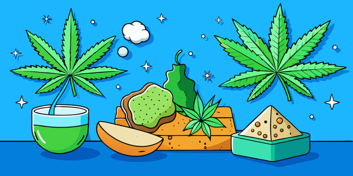 Cannabis plant extracts including THCa crystals, terpenes, and kief on a vibrant blue surface with fresh cannabis leaves and buds for display.
