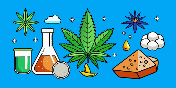 Cannabis plant extracts including THCa crystals, terpenes, and kief on a vibrant blue surface with fresh cannabis leaves and buds for display.
