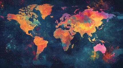 Colorful World Map Illustration with Network Connections Displaying Global Communication and Connectivity Over Abstract Background Design