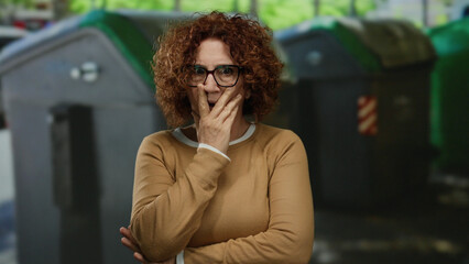 Woman pondering in front of city recycle bins outdoors with a thoughtful expression, reflecting...
