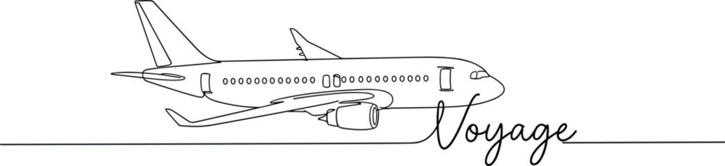 Minimalist airplane line art illustration, continuous single line aircraft drawing, travel concept banner, modern aviation sketch, voyage typography, tourism branding design, clean white background © Sawda's World