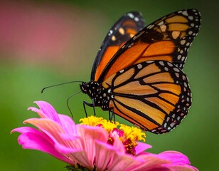 Obraz premium A vibrant monarch butterfly perched on a colorful pink flower
