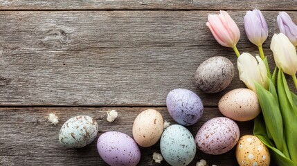 Top view of colorful easter eggs and fresh tulip flowers on rustic wooden table background