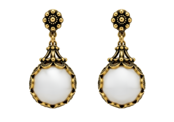 Elegant gold earrings with white stones on a transparent background
