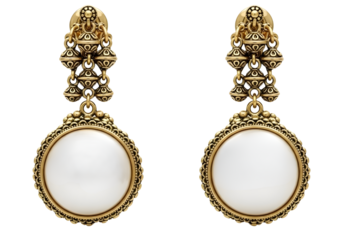 Elegant gold earrings with white circular gemstones and ornate details isolated on transparent background