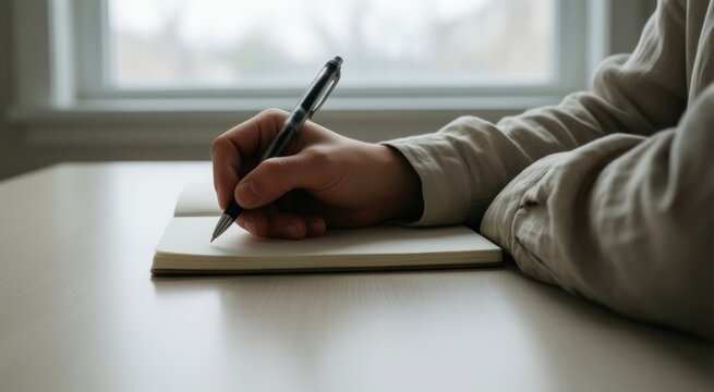 Someone is writing on a notebook with a pen in their hand