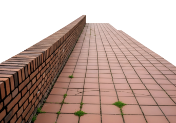 Perspective view of brick wall and pathway with grass growing through cracks isolated on transparent background