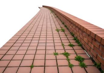 Perspective view of brick wall and pathway with grass growing through cracks isolated on transparent background