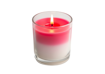 A lit pink and white ombre candle in a clear glass holder isolated on transparent background