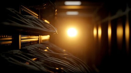 Data center server racks with organized cables illuminated by a glowing sunset