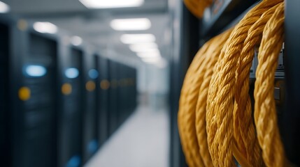 Thick yellow network cables coiled in a bright modern data center server room aisle