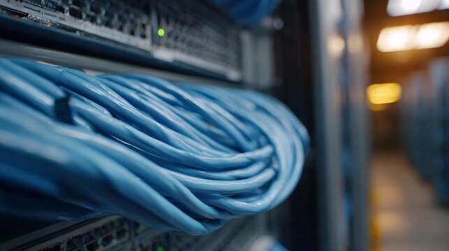 Bundled blue network cables neatly organized within a modern data center server room - Powered by Adobe