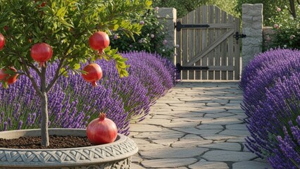 Serene garden pathway with pomegranate tree and lavender flowers