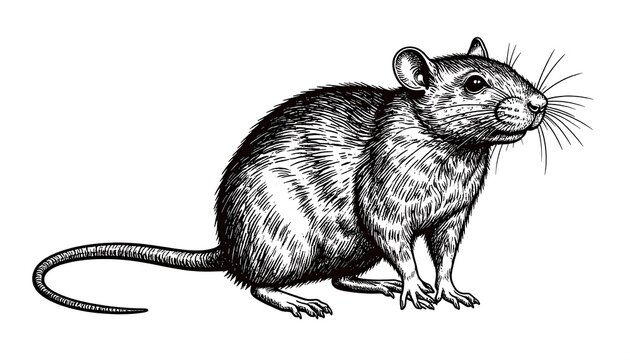 A detailed drawing of a rodent with prominent whiskers