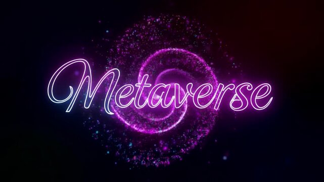 Professional digital art: "METAVERSE" wordmark built with swirling cyan and violet energy particles.