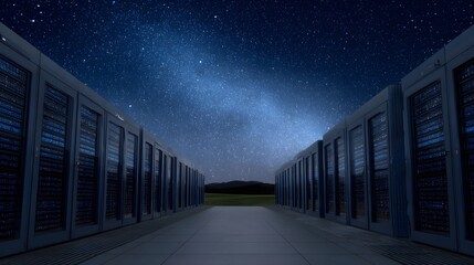 Rows of server racks under a vast starry night sky symbolize modern data infrastructure